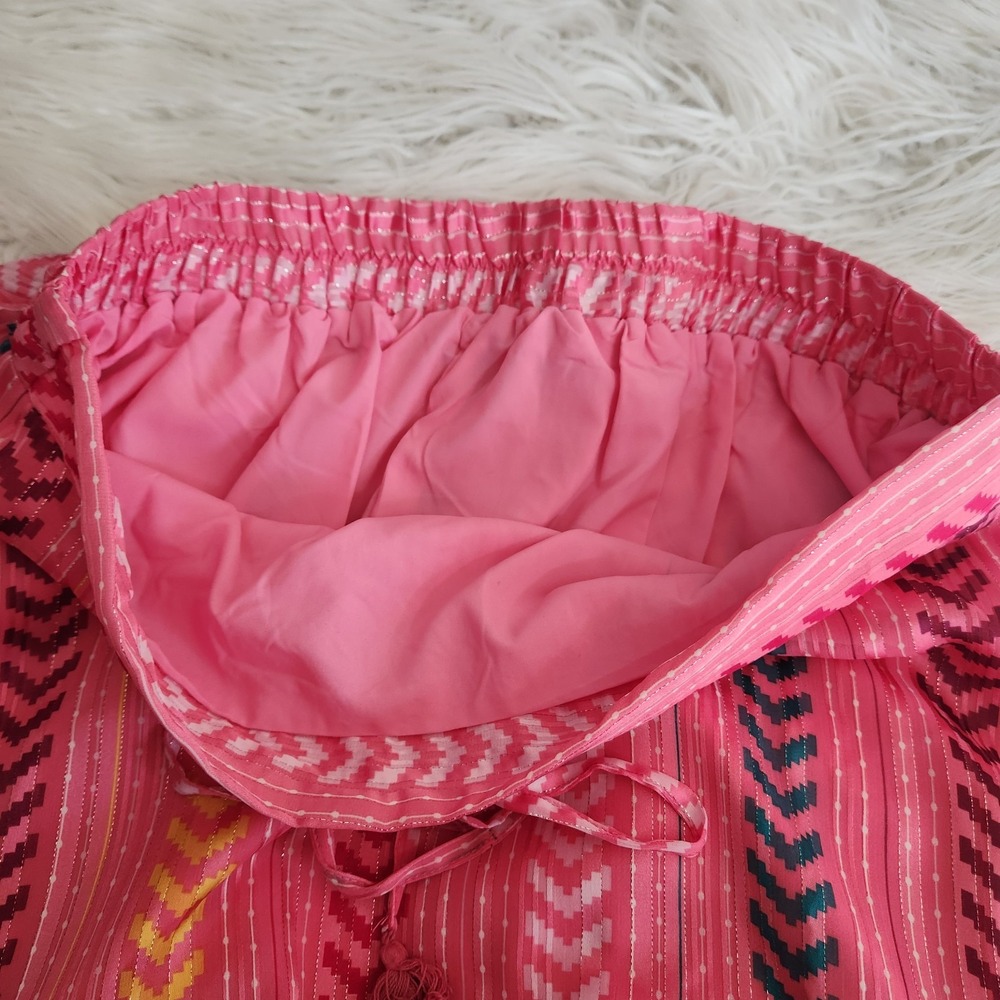 Satin Tiered Maxi Skirt Women's Large Boho Gypsy Tassel Pink Drawstring Pull on - Picture 5 of 13